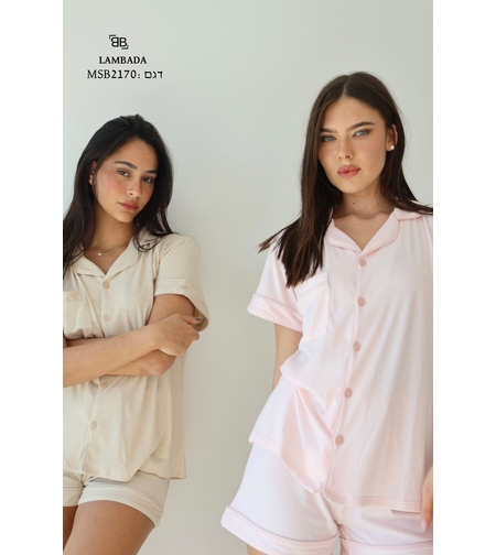 פיג'מה LAMBADA מכופתרת שורט S-XL נשים (ורוד/שחור/אופוויט)
