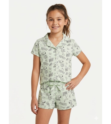 פיג'מה קיץ מכופתרת 2-12 בנות סנופי (אפור/ירוק)
