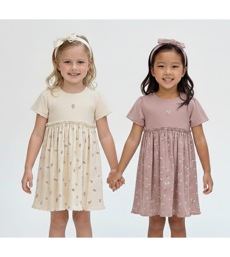 שמלה קיץ מדוגמת בד ריב 2-10 בנות (חום/ורוד עתיק/שמנת)