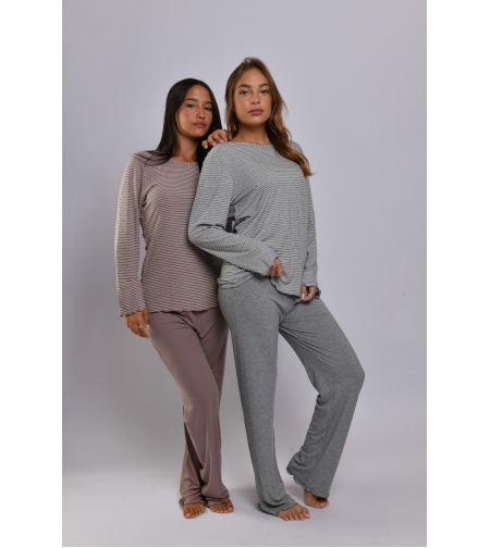 פיג'מה ויסקוזה פסים LAMBADA נשים S-XL (אפור/שחור/חום)