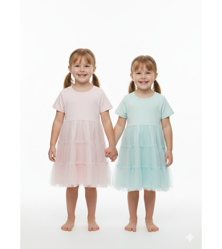 שמלה קיץ לייקרה- טול 4-10 בנות (ורוד/טורקיז)