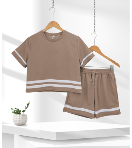 חליפה בד וופל מדוגמת S-XXL נשים (חום)