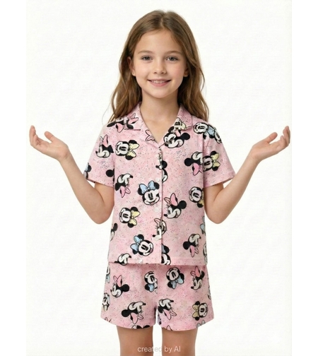 פיג'מה DELTA קיץ מכופתרת 12-18 בנות מיני מאוס ורוד