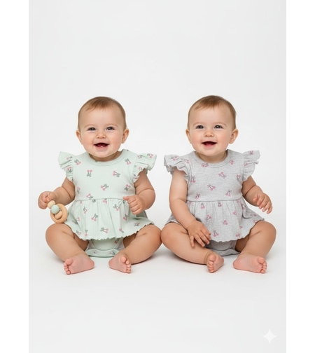 שמלה בגד גוף מדוגמת בד ריב 3-24M תינוקות בנות (לבן/מנטה/ורוד/אפור)