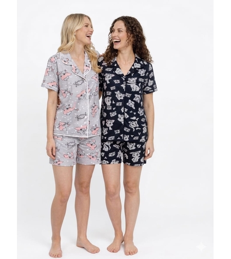 פיג'מה קיץ מכופתרת S-XXL נשים (אפור/שחור)