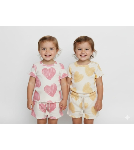 חליפה קיץ מדוגמת בד ריב 12-24M תינוקות בנות (צהוב/ורוד)