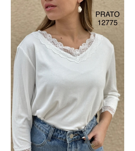 חולצה ריב צווארון וי תחרה PRATO נשים 1-3 (שחור/סגול/לבן)