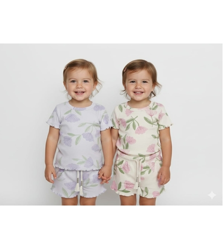 חליפה קיץ מדוגמת בד ריב 12-24M תינוקות בנות (סגול/ורוד)