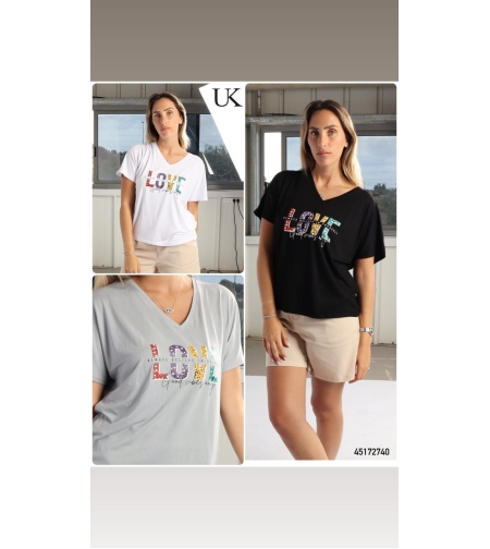 חולצה ויסקוזה שרוול קצר מדוגמת 2-6 נשים (אפור/שחור/לבן)