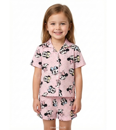 פיג'מה DELTA קיץ מכופתרת 4-10 בנות מיני מאוס ורוד