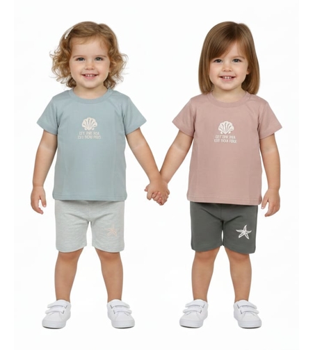 חליפה קיץ מדוגמת 6-24M תינוקות בנות (ורוד עתיק/תכלת)