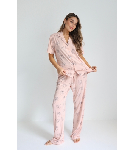 פיג'מה DELTA שרוול קצר מכנס ארוך מכופתרת S-XL נשים מיני מאוס ורוד