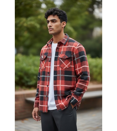 חולצה מכופתרת בד פלנל משובץ S-XXL גבר (אדום)