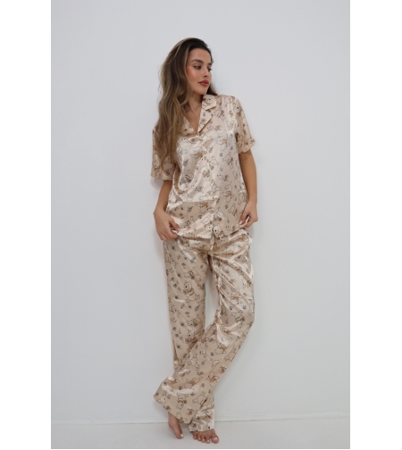 פיג'מה DELTA מכופתרת סאטן (S-XL) נשים פו הדב