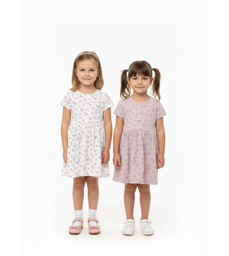 שמלה קיץ מדוגמת 2-10 בנות (ורוד/שמנת)