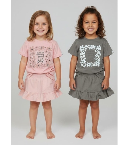 חליפה קיץ מדוגמת חצאית טייץ 2-8 בנות (אפור/ורוד)