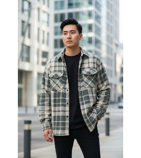 חולצה מכופתרת בד פלנל משובץ S-XXL גבר (ירוק)