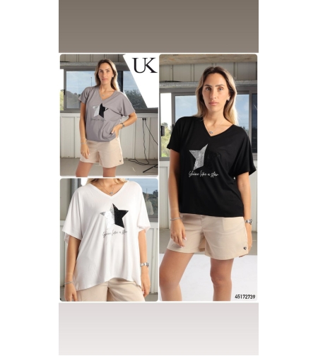 חולצה ויסקוזה שרוול קצר מדוגמת 2-6 נשים (אפור/שחור/לבן)