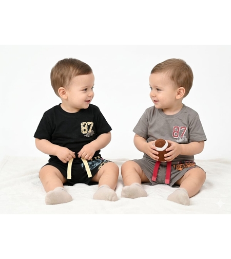 חליפה קיץ מדוגמת 12-24M תינוקות בנים (שחור/אפור)