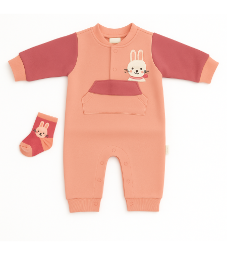 סט 2 חלקים אוברול וגרביים 0-9M תינוקות בנות (אפרסק)