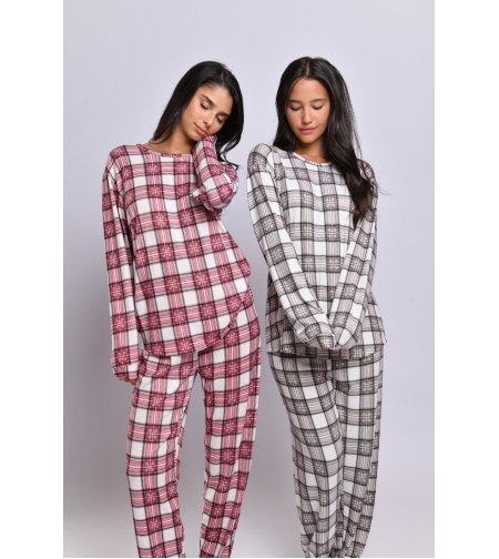 פיג'מה בד סריג משובץ LAMBADA נשים S-XXL (חום/ורוד/כחול)