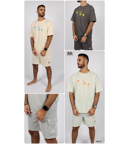 חליפה קיץ מדוגמת S-XXL גבר (אפור/ירוק/שמנת)