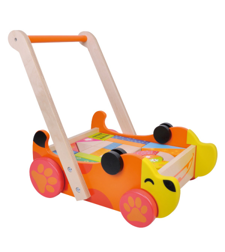 עגלת עידוד הליכה בצורת כלב קוביות משחק עץ