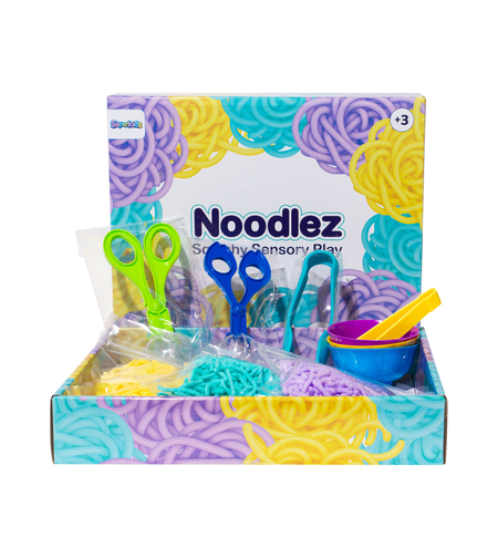 Noodlez – משחק סנסורי נודלס – מארז 300 גרם – 3 צבעים + כלים וקעריות מיון