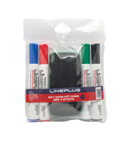 טושים ללוח מחיק ראש שטוח 90  סט של 4 + ספוג פאוור ליין
