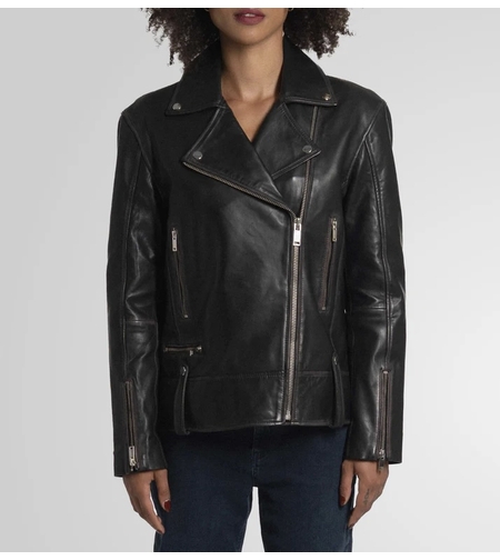 מעיל עור משומן רוכסנים- שחור