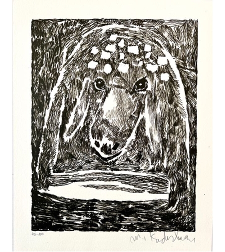 A sheep's head with a crown. Black and white.