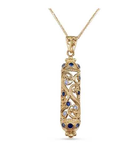 14K Yellow Gold Filigree Half Round Mezuzah Pendant with Sapphire and Lavender Stones