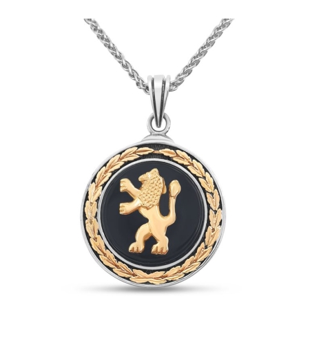 925 Sterling Silver and 14k Gold Lion of Judah Pendant with Round Onyx Stone