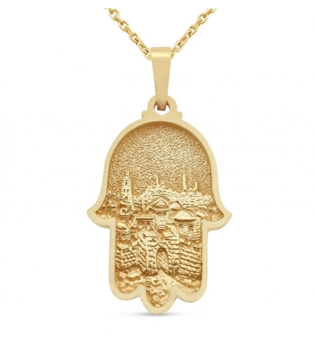 14K Solid Gold Jerusalem Hamsa Necklace