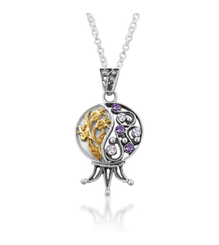 Sterling Silver Filigree Pomegranate With Gold Leaves And Lavender Stone And Amethyst Pendant