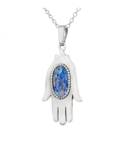 Smooth Sterling Silver Hamsa Pendant Roman Glass