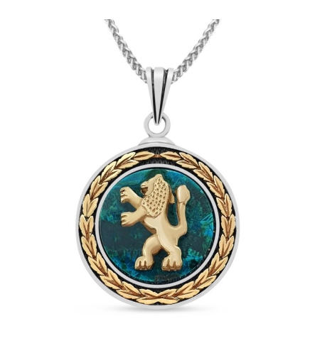 925 Sterling Silver And Gold Round Eilat Stone Lion of Judah Pendant