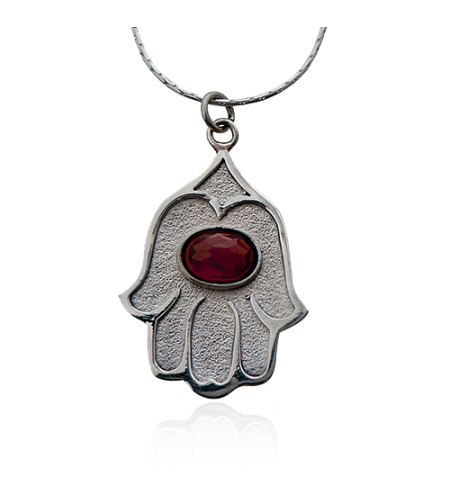 Shiny and Textured Silver Hamsa with Garnet