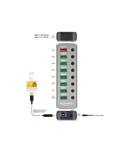 מפצל USB HUB מקצועי USB 3.2 Gen 1 PD עם 7 כניסות USB-A תומך בטעינה מהירה 5/12 וולט Delock