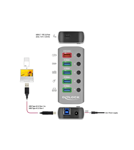 מפצל USB HUB מקצועי USB 3.2 Gen 1 PD עם 4 כניסות USB-A תומך בטעינה מהירה 5/12 וולט Delock