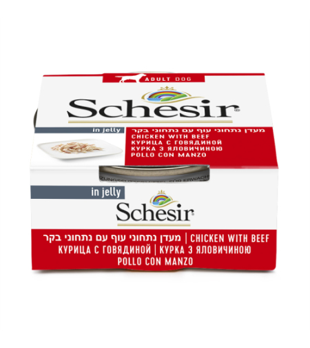 שזיר מעדן נתחוני עוף עם נתחוני בקר לכלב 150 גר' - Schesir Dog