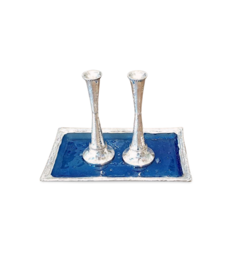 Liquor / candlesticks tray blue glass