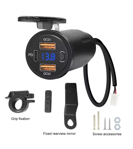 שקע USB כפול עם Type-c טעינה מהירה כולל מד מתח