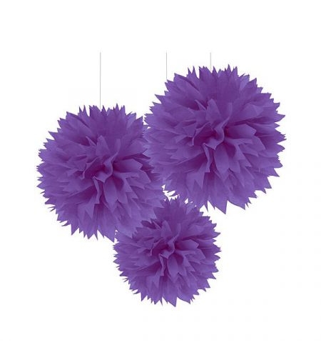 קישוט פונפון מנייר לתלייה 3 יח - סגול