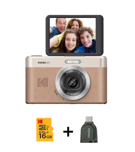 מצלמה דיגיטלית נטענת עם מסך מתהפך קודאק KODAK PIXPRO C1 - כולל כרטיס זיכרון 16GB וקורא כרטיס TYPE-C -  צבע חום