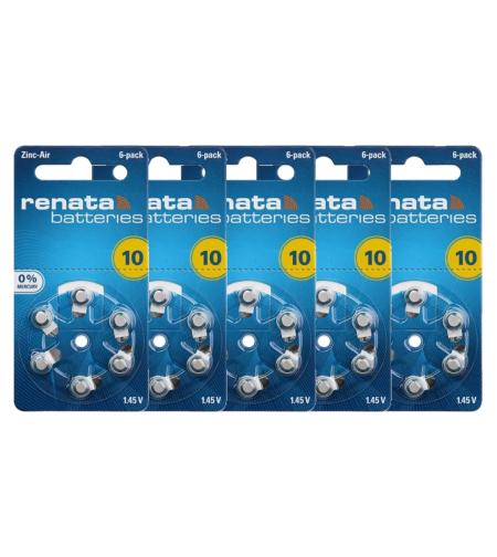 סוללות בטריות למכשירי שמיעה RENATA 10 (PR70) -  מארז 5 כרטיסי שמיעה