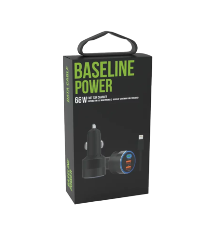 מטען לרכב בהספק 66W בייס ליין BASELINE 1XUSB-C + 2XUSB-A + LIGHTNING CABLE
