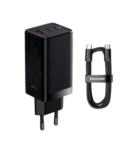 מטען קיר מהיר 2C+U 65W (כולל כבל C ל-C עד 100W) Baseus Gan5 Pro Fast Charger - יבואן רשמי!