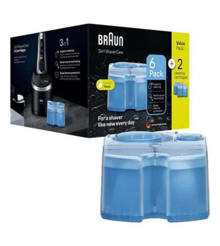 נוזל שטיפה למכונת גילוח בראון מארז 8 מחסניות Braun CCR6+2