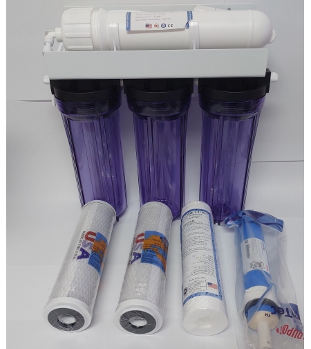מערכת אוסמוזה הפוכה 4 שלבים כולל סננים אמריקאיים (בתי סנן שקופים) - Reverse Osmosis 4 stage System with American Filter and Transparent Filter House